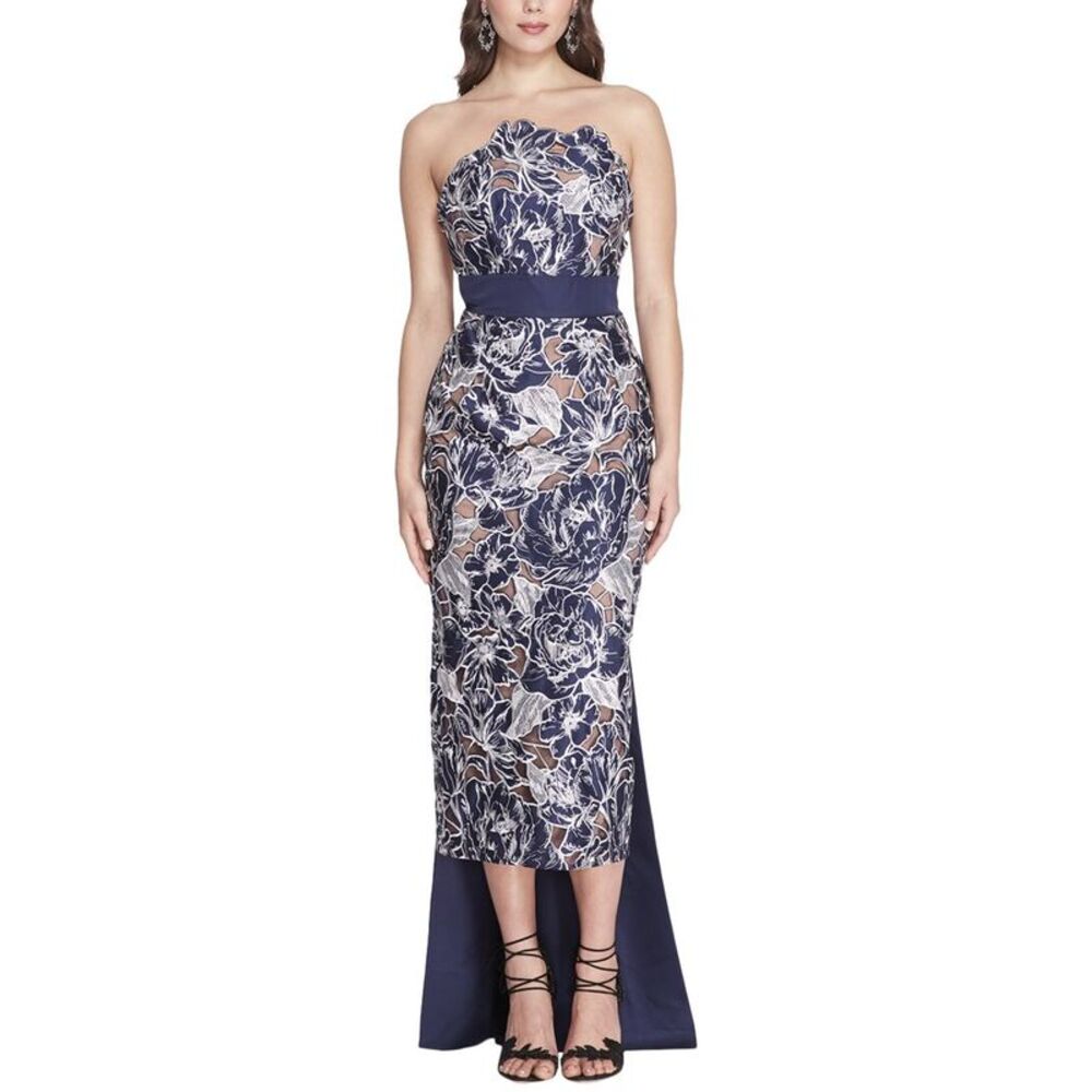 NWT Strapless Navy Floral Lace Midi Dress with Sash